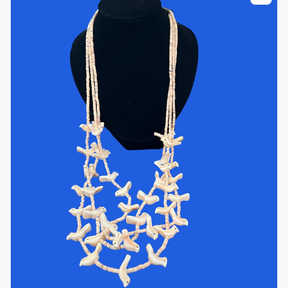 Zuni Heishi & Clam Shell Native American Bird Fetish 3 Strand Necklace Sedona!